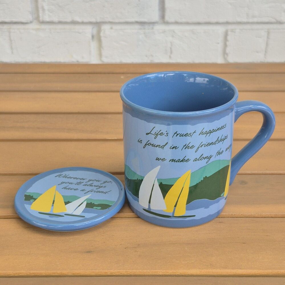 Coffee Cup Tea & Lid Or Coaster Mug Mates Vtg Sailing Boat Friendship Blue